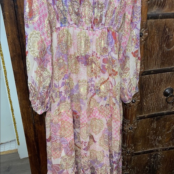 Hemant & Nandita Amal Long Dress • Lilac Gold Metallic Floral Maxi • Size Small - Picture 10 of 11